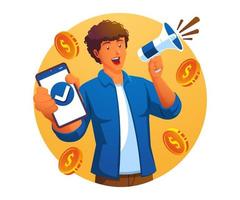 a man holding smartphone and megaphone with dollar coins flying around vector