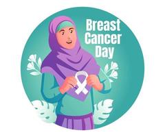 una mujer sonriente que lleva un hiyab con una cinta de raso que simboliza el día internacional del cáncer de mama vector