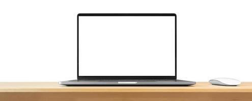 Laptop with blank screen on wood table isolated on white background photo