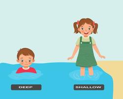 Opposite adjective antonym words deep and shallow illustration of little boy and girl standing on beach in water vector