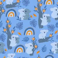 Seamless pattern with cute koalas, rainbows and leaves. Vector graphics.