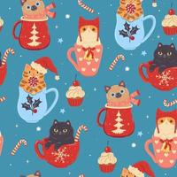 Seamless pattern with Christmas cats in mugs. Vector graphics.