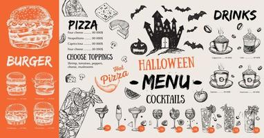menú de cafetería restaurante, diseño de plantilla, menú de halloween, volante de comida.