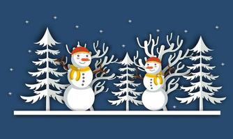 paisaje invernal de diseño plano, saludo navideño, muñeco de nieve y árbol en la nieve, fondo estilo papel vector