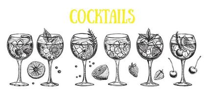 Cocktail menu design template. Alcoholic cocktails hand drawn. vector