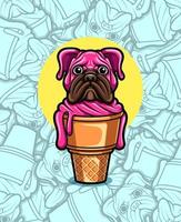 lindo perro pug con ilustración de helado vector