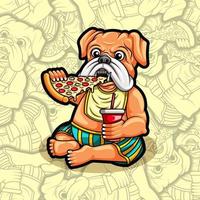lindo perro pug comiendo pizza ilustración vector