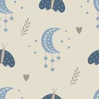 Seamless pattern with moth and moon in boho style. Vector illustration