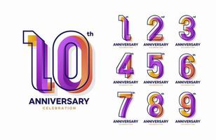 set of colorful anniversary logotype. 1, 2, 3, 4, 5, 6, 7, 8, 9, 10 vector
