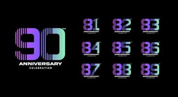 set of colorful anniversary logotype. 81, 82,83, 84, 85, 86, 87, 88, 89, 90 vector