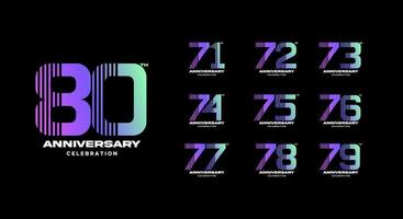 set of colorful anniversary logotype. 71, 72, 73, 74, 75, 76, 77, 78, 79, 80 vector