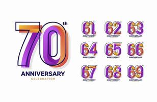 set of colorful anniversary logotype. 61, 62, 63, 64, 65, 66, 67, 68, 69, 70 vector