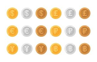 Set of icons coins on the isolated white background,euro, pound sterling,Bank notes dollar,ruble vector