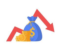 pérdida de inversión, gráfico de existencias de flecha hacia abajo, concepto de crisis financiera vector