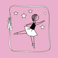 Cute little ballerina girl on pink background , ribbon frame with pointe shoes. vector