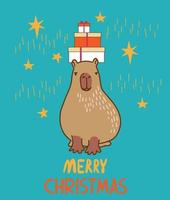 Merry Christmas greeting card. Cute cartoon character capybara . vector