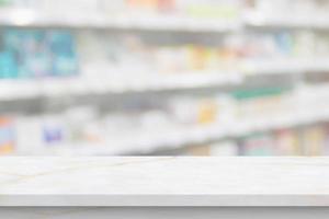 Empty white marble counter top with blur pharmacy drugstore shelves background photo