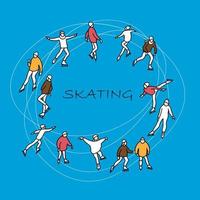 conjunto de patinadores artísticos patinando en círculo. ilustración vectorial al estilo de garabatos. vector