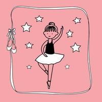 Cute little ballerina girl on pink background , ribbon frame with pointe shoes. vector