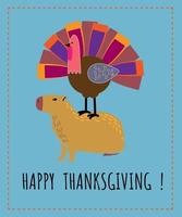 Thanksgiving greeting card with cute turkey and capybara. vector