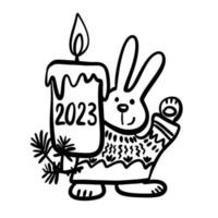 Draw vector illustration cute rabbit, bunny. Symbol 2023 year. Doodle style.