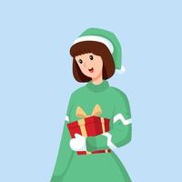 mujer con regalo de navidad ilustración de diseño de personajes vector