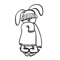 Draw vector illustration cute rabbit, bunny on skates. Symbol 2023 year. Doodle style.