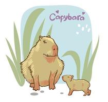 lindo capibara divertido con el bebé en la ilustración de vector de roedor animal de dibujos animados aislado en blanco.