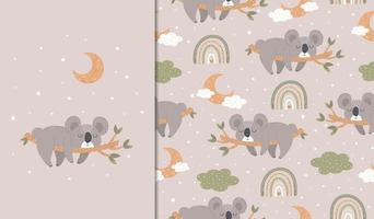 Set of posters and seamless patterns with a koala lying and sleeping on a branch. Children's illustration for posters, textiles. Vector