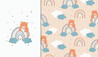 Set of posters and seamless patterns with a tiger on a rainbow. Children's illustration for posters, textiles. Vector