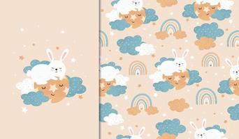 Set of posters and seamless patterns with a cute rabbit sleeping on the wallpaper. Child illustration for posters, textiles. Vector