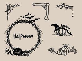 Set of Halloween frames. Collection of frames with a pumpkin,web and spider, ghosts and a bat. Awesome design. Vector illustration for decorating invitations.