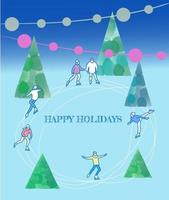 Happy holidays lettering with hand-drawn scate and trees. Blue frozen card or banner. Vector illustration on white background