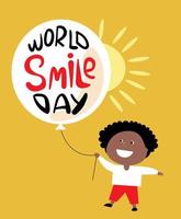 World smile day. Smiling young boy with ballon in hand isolated on yellow background. vector