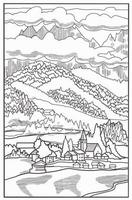 Coloring book . Lovely landscape,mountains and village in the valley. Vector art line background.