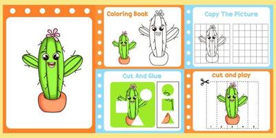 paquete de hojas de trabajo para niños con vector de cactus. libro de estudio para niños