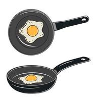 Fried egg in a black frying pan, color vector illustration