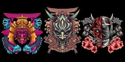 collection of oni mask and samurai illustration vector