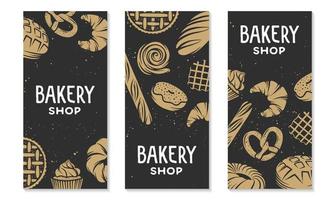 Set of vector bakery engraved elements. Typography design with bread, pastry, pie, buns, sweets, cupcake. Collection of modern linear graphic design vertical banner template. Bakery shop.