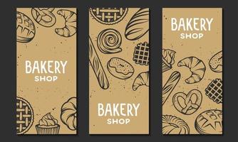 Set of vector bakery engraved elements. Typography design with bread, pastry, pie, buns, sweets, cupcake. Collection of modern linear graphic design vertical banner template. Bakery shop.