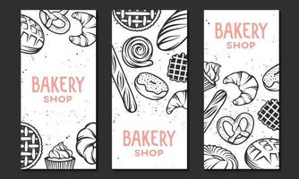 Set of vector bakery engraved elements. Typography design with bread, pastry, pie, buns, sweets, cupcake. Collection of modern linear graphic design vertical banner template. Bakery shop.