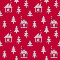 Christmas sweater winter cabins and Christmas trees white and red seamless pattern. vector