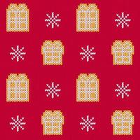 Red Christmas sweater gingerbread gift boxes and snowflakes seamless pattern. vector