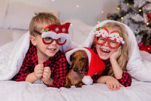 dos niños, un niño y una niña, están acostados en la cama con su querida mascota para navidad. foto de alta calidad