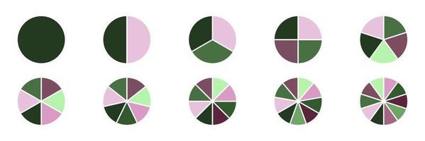 Segment circles set. Ten slices pie chart. Colourful infographic. Fraction icons collection. Vector illustration.