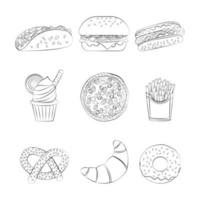 A set of fast food products with a thin line. vector