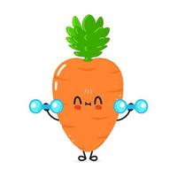 Cute funny carrot character with dumbbells. Vector hand drawn cartoon kawaii character illustration icon. Isolated on white background. Carrot character gym concept