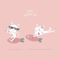 linda y encantadora pareja gato blanco con pescado, feliz día de san valentín, concepto de amor, diseño de vestuario de personaje de dibujos animados de ilustración vectorial plana vector