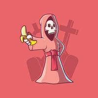 reaper sosteniendo una ilustración de vector de plátano. comida, concepto de diseño divertido.