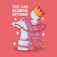 Pawn character with a crown riding a horse vector illustration. Chess, inspiration, motivation design concept.